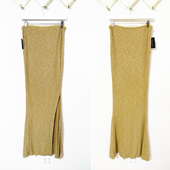 NWT 16Arlington Nasu Leather-trimmed Ribbed-knit Maxi Skirt Pastel yellow $580 - Picture 7 of 16